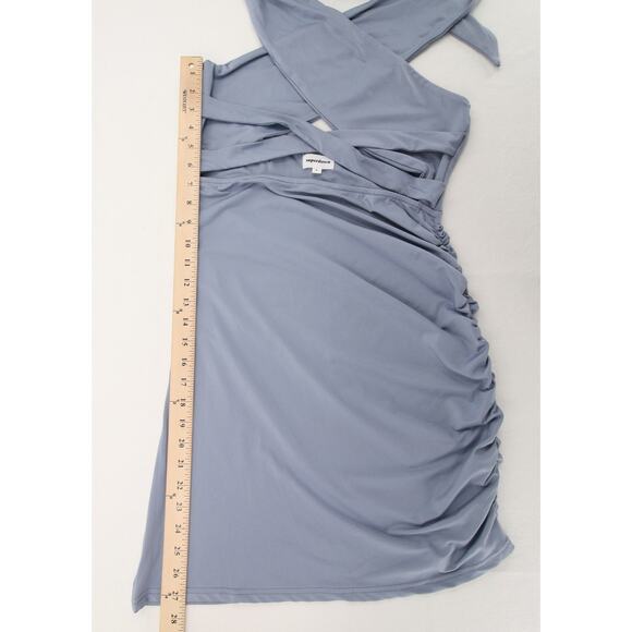 Superdown Suzette Dress Blue Gray Mini Ruched Cutout Tie Stretch Knit Halter L - Picture 6 of 13